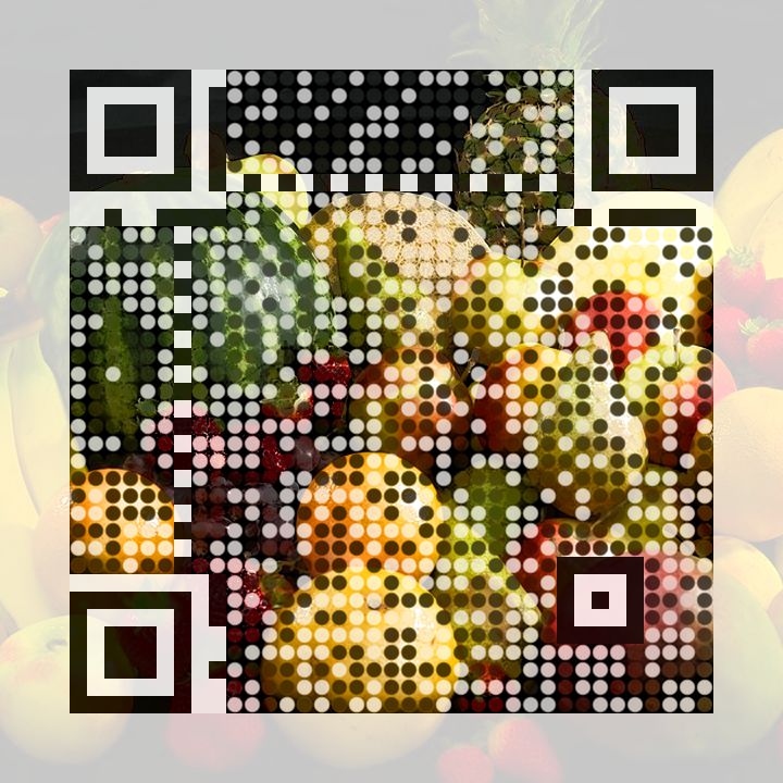 QR code containing a color photo of assorted fruit