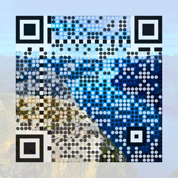 QR code containing a color photo of a mountain river landscape